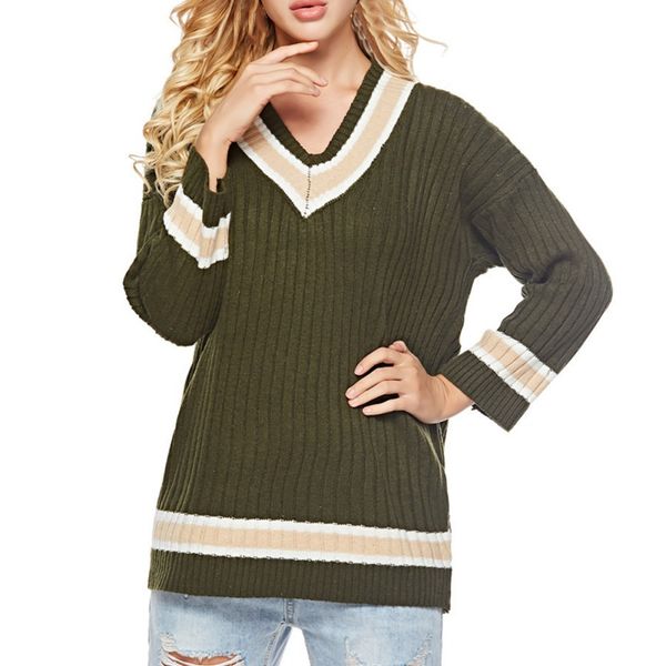 

fashion autumn winter momen casual loose pullover sweater v-neck stitching color long-sleeved knitted jumpers, White;black