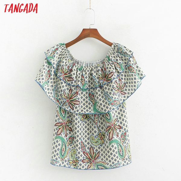 

tangada women stylish flower off shoulder shirt slash neck short sleeve blouse female summer crop blouse blusas mujer 1d273, White