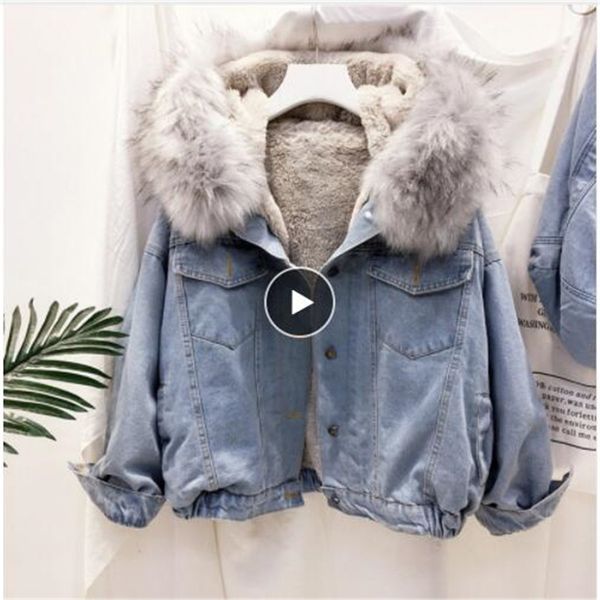 

velvet thick denim jacket female winter big fur collar korean locomotive lamb coat female student short coat 72510, Tan;black