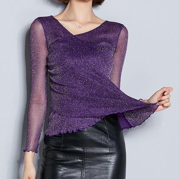 

office lady yarn t-shirts women long sleeve gold and silver gauze mesh t-shirt female v-neck tee, White