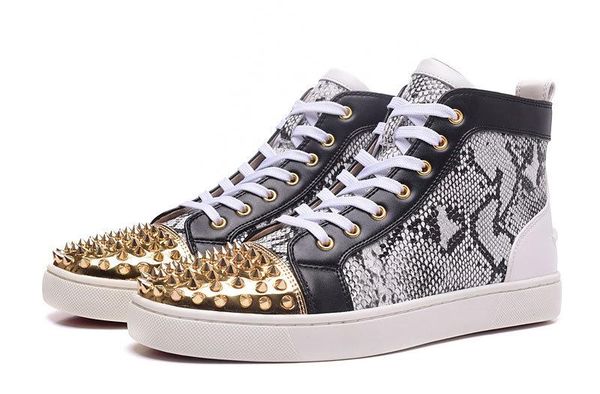 

exclusive new fashion men patchwork with spikes red bottom casual shoes women high gentleman sneakers size36-46, Black