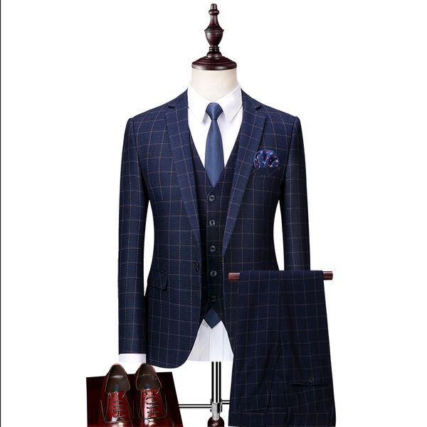 

men's suits & blazers high levels casual plaid suit custom men jacket pants vest slim fit fashion groom wedding dress, White;black