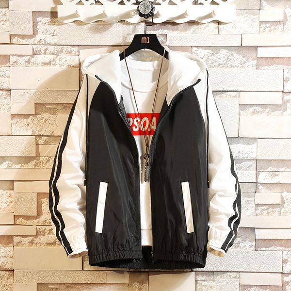 

color contrast thin jacket lovers hooded coat men loose fit outerwear 2019 autumn winter, Black;brown