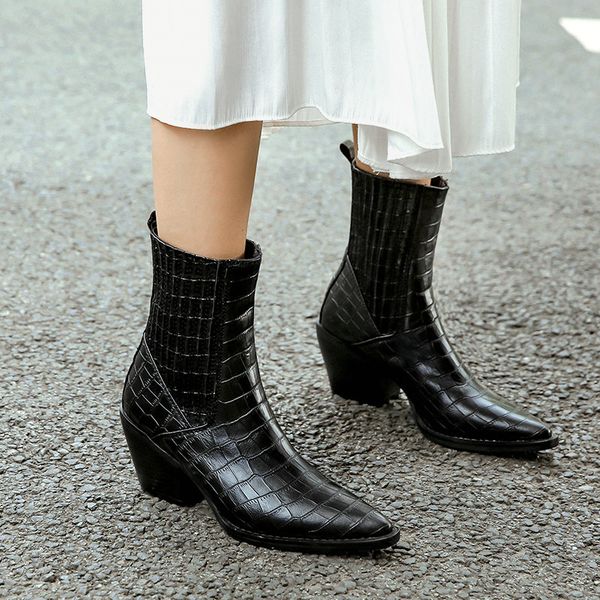 

spring autumn women boots square toe boots faux leather high heel ankle slip on fashion winter woman, Black