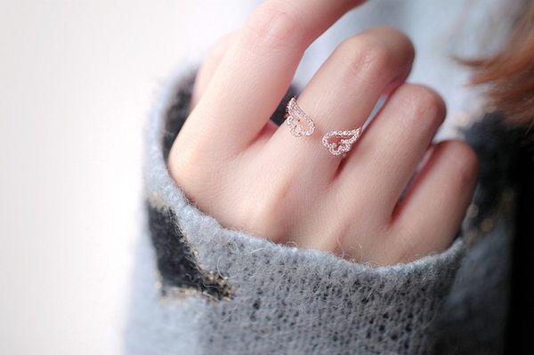 

модные аксессуары прекрасный микро циркон инкрустированный крыло ангела крыло открытое кольцо кольцо женские аксессуары, Silver