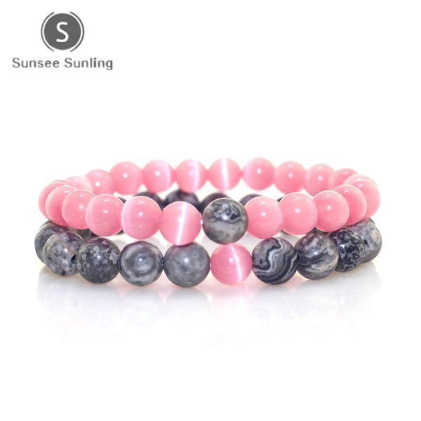 

2019 simple couple bracelet 8mm volcanic stone deep pink opal map stone bracelet combination set elastic strech bead, Black