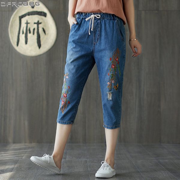 

vintage embroidery women jeans summer calf length denim trousers streetwear boyfriend jeans ripped elastic waist ladies, Blue
