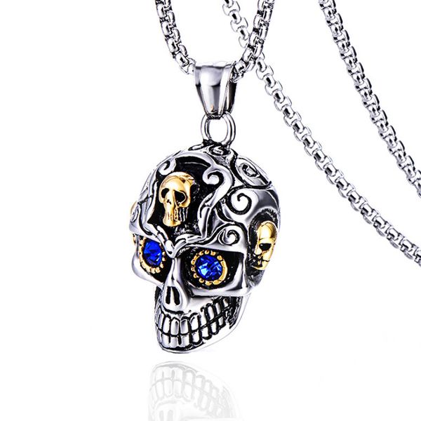 

new stone eyed skull men's titanium steel pendant domineering men's necklace black skull inlaid red zircon necklace pendant, Silver