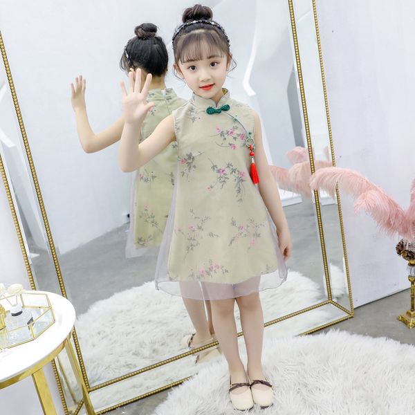 

children's floral tang style hanging national style dress summer retro girl's hanfu stand theme costume ethnic clothing collar che, Red