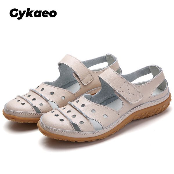 

gykaeo 2020 new mother women's female ladies genuine leather white shoes sandals hook loop summer cool beach hollow soft, Black