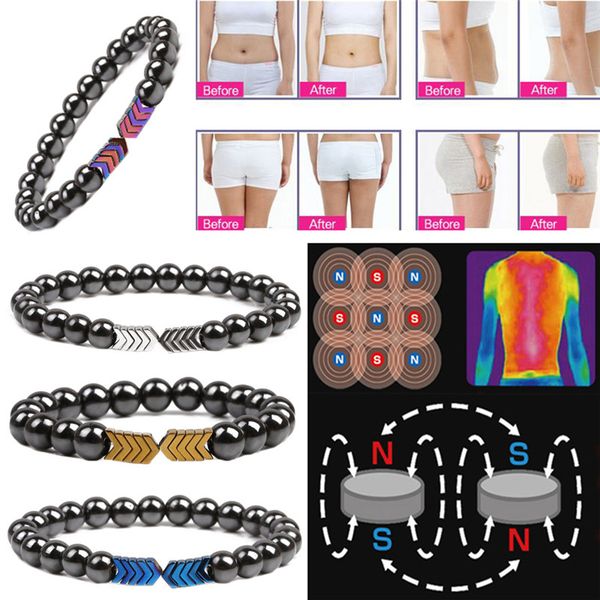 

weight loss stone magnetic therapy slimming bracelets health care magnetic hematite stretch beaded bracelets for men women, Black