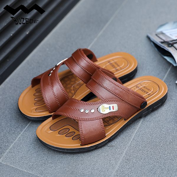 

buzede 2018 fashion style man sandals casual flat heels pu leather male beach slipper men's roman summer shoes man slides, Black