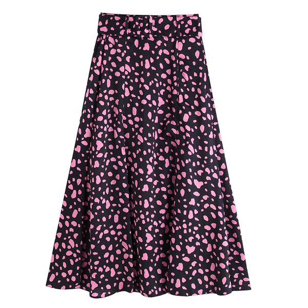 

vintage chic tie belt waist skirts women fashion loose floral printed skirt elegant ladies split mid calf skirts, Black