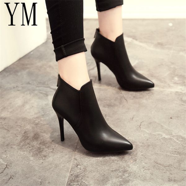 

fashion patent leather pu pointed toe high heel boots shoes woman zipper ankle boots women shoes thin heel women 35-39, Black