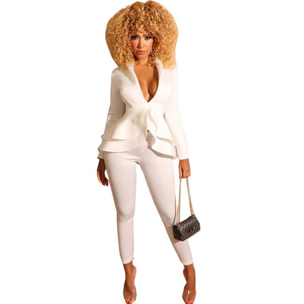 

white elegant pant suits for women layer ruffles hem slim blazer jacket + ankle-length pants business party 2 piece outfits, White;black