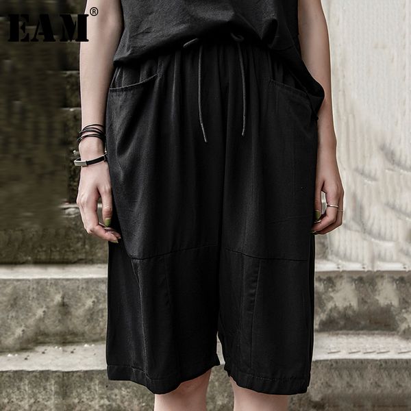 

eam] high elastic waist big pocket wide leg knee length trousers new loose fit pants women fashion spring summer 2020 1w640, Black;white