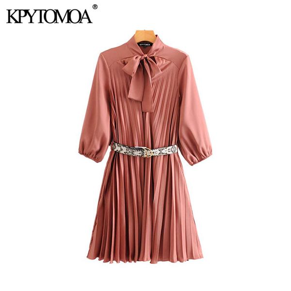 

vintage elegant with snake print belted pleated dress women 2020 fashion bow tie collar three quarter sleeve female dresses, Black;gray