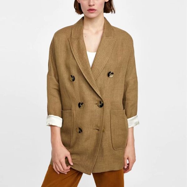 

fashion women a0726t1 long in europe and the united states fall 2018 new double-breasted jackets # 1407, Tan;black