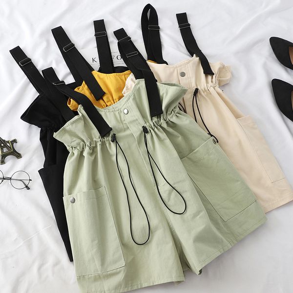 

overalls female rompers adjustable drawstring playsuits button rompers elastic waist lady 2020 summer fashion playsuits, Black;white