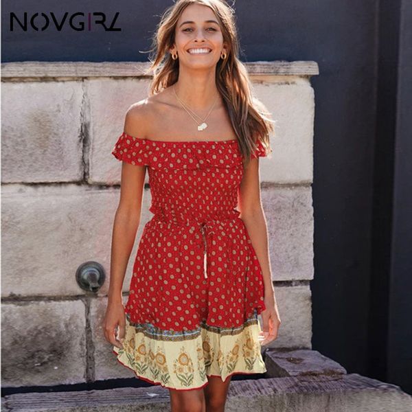 

novgirl сексуальная с плеча пляж платье с плеча оборками бобо сарафан elatic талии повседневная лето красное платье женский, Black;gray