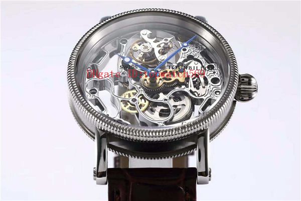 

new tourbillon watch mens wristwatch ultra thin swiss hand-winding openworked mechanical sapphire crystal cnc carving stainless steel case, Slivery;brown