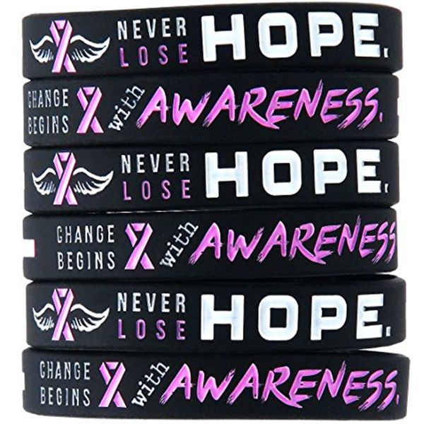 

1pc black with pink and white text breast cancer awareness ribbon sport silicone rubber bracelet wristband shipping, Golden;silver