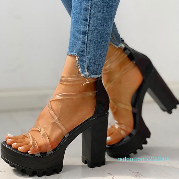 

women sandals 2020 transparent high heels sandals women summer shoes chunky heels platform sandals party shoes sandalias mujer r06, Black