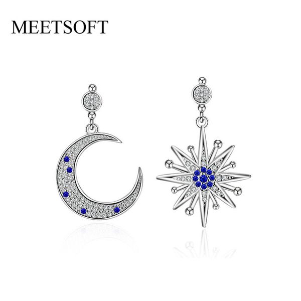 

meetsoft 925 silver prevent allergy fashion drop earrings for women trendy simple crystal moon star reteo crescent jewelry gift