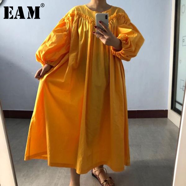 

casual dresses [eam] women yellow pleated big size dress round neck long lantern sleeve loose fit fashion tide spring autumn 2021 1s927, Black;gray