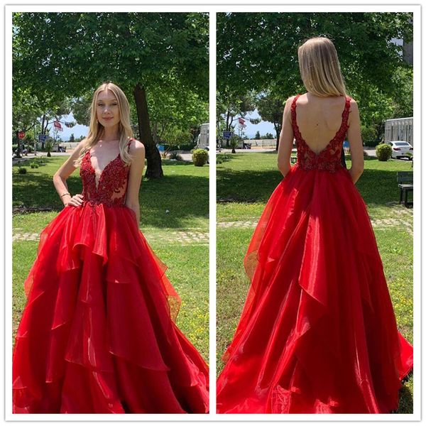 V Neck Red Prom Dress For Women Floor Length Appliques Lace