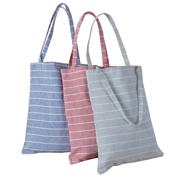 

3colors shopping bag women striped cotton linen shoulder bag shopping beach travel tote handbags
