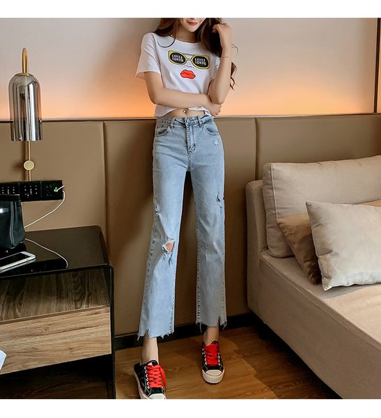 

blue wide leg straight jeans female spring new fashion