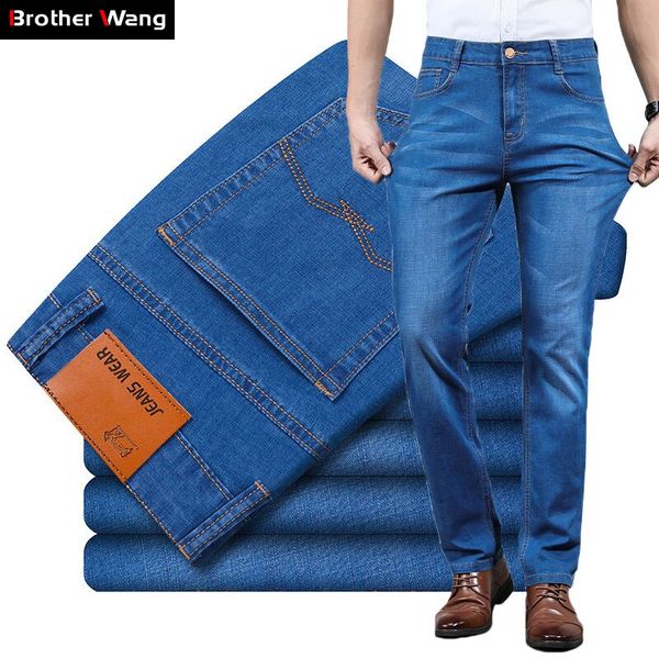 

2020 summer new men's business thin jeans classic style regular fit stretch denim trousers male brand pants, Blue
