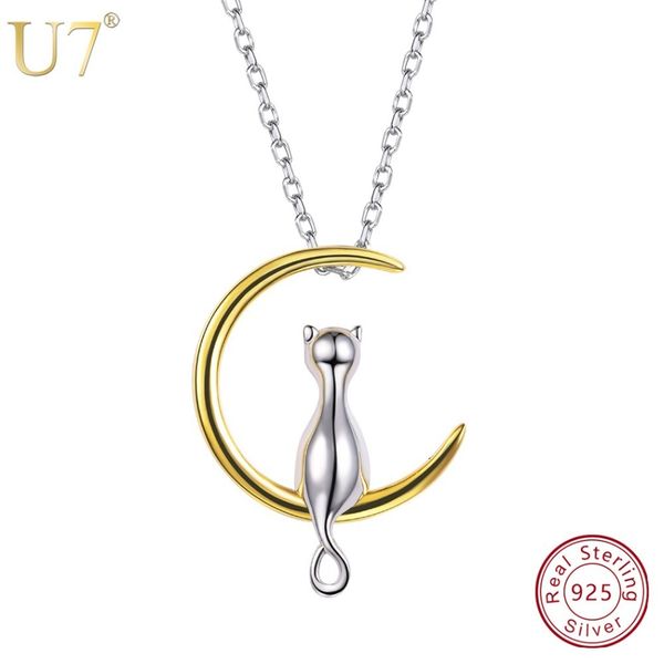 

u7 100% 925 sterling silver cat/kitten sit on moon pendant & chain valentine's day gift for women animal jewelry necklace sc37