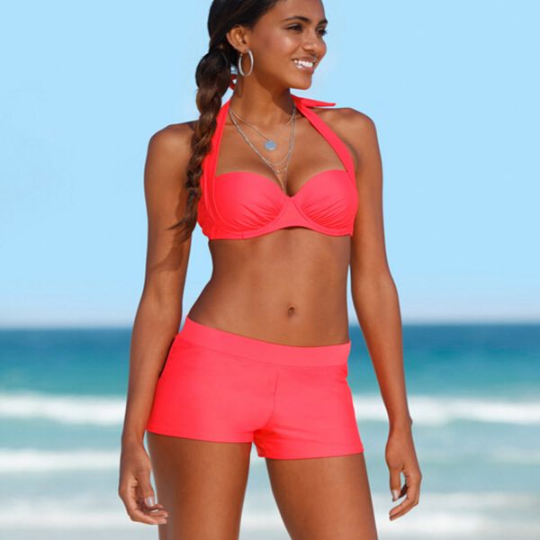 

plus size short pants high waist swimsuit female push up sporty halter swimwear vacation bathing suit retro underwire for women