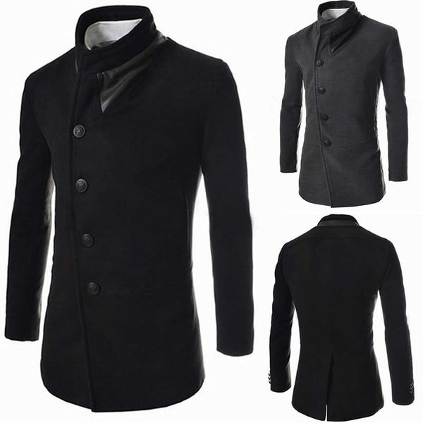

casual mens coat wool blend trench jacket slim fit lapel outwear overcoat, Black