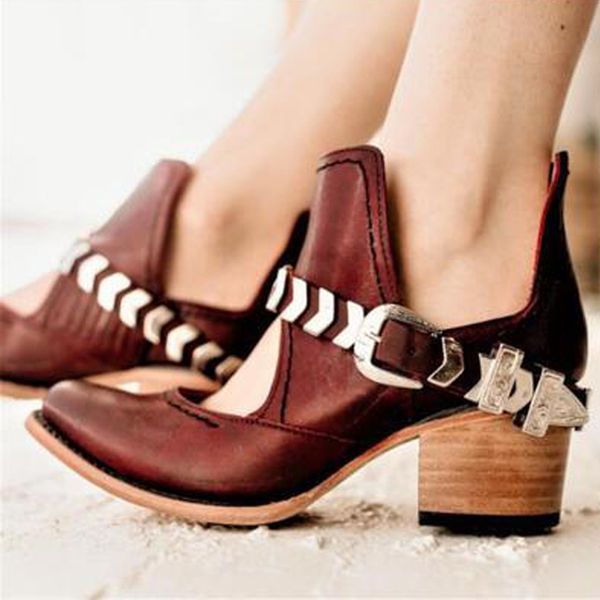 

stylish women's pointed toe ankle boots new arrival strap buckle low-heeled western ankle boots shallow rome winter women, Black