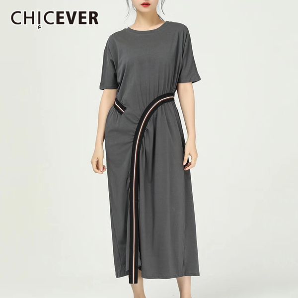 

chicever patchwork stripe ruched dress for women o neck short sleeve hit color dresses female 2020 spring fashion new clothing, Black;gray
