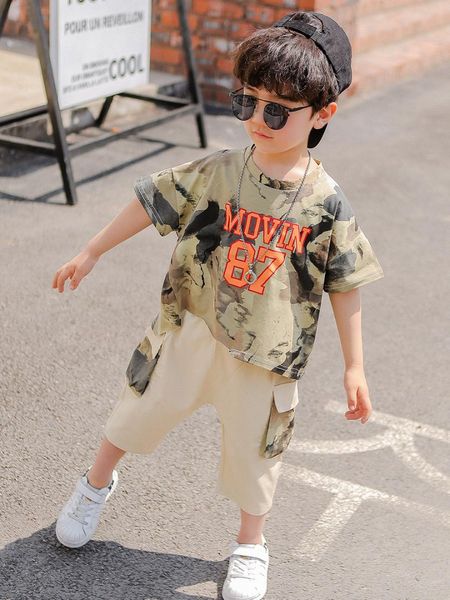 

1set boy suit summer trendy camouflage 2019 2pcs trendy individual leisure camouflage sportswear sets kids costume clothes, White