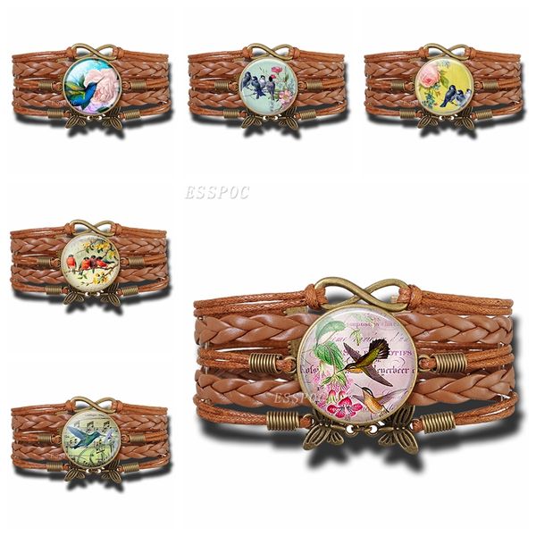 

hummingbirds bracelet new mix infinity multi-layer leather bracelet bird cabochon glass jewelry bird lovers gift, Golden;silver