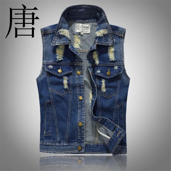 

tang cool2019 японский высококачественный джинсовый жилет мужской моды самосовершенствования личности отверстия без рукавов весной мужской, Black;white
