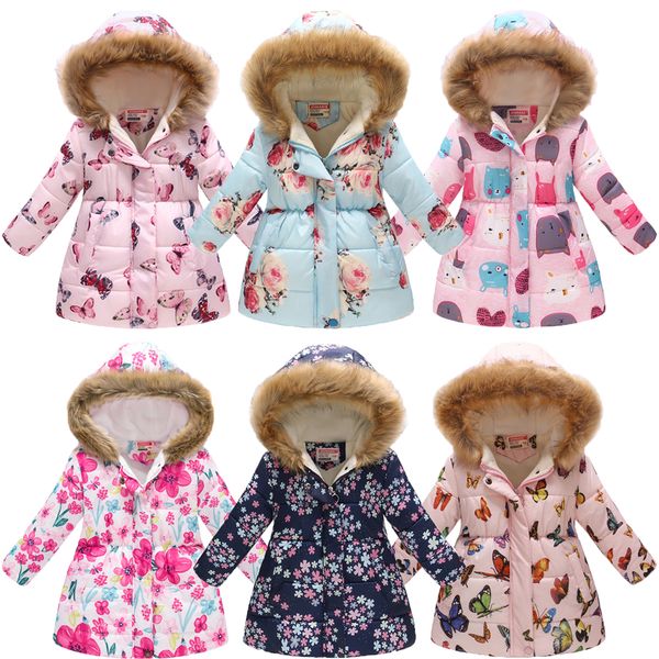 

thicken winter girls jackets fashion printed hooded outerwear for kids internal plus velvet warm girls coats christmas present, Blue;gray