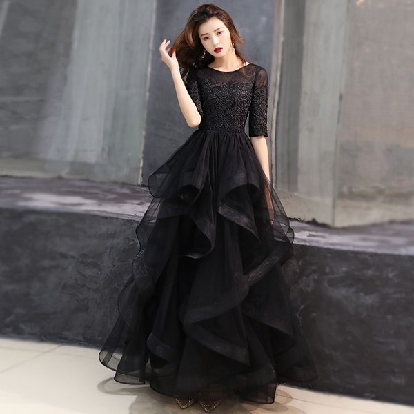 

2021 black lace tulle long modest prom dresses with half 1/2 sleeves a-line floor length ruffles skirt teens formal party dress