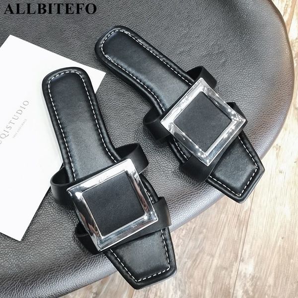 

allbitefo genuine leather metal buckle low-heeled comfortable summer women shoes thick heels women slippers flip flops slippers, Black