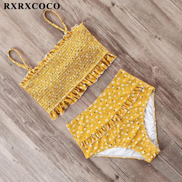 

rxrxcoco smocking swimwear women bikini swimsuit bandeau ruffle bikini set push up high waist bathing suit women beach wear