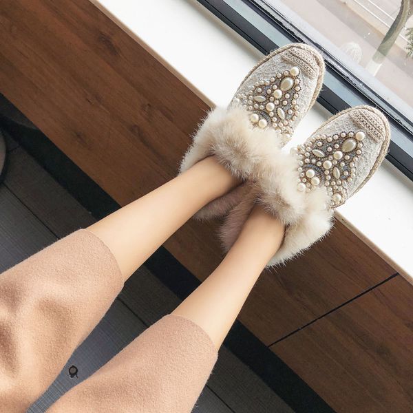 

low heels moccasin shoes white sneakers pearl decorateion all-match round toe loafers fur slip-on moccasins new beading casual, Black