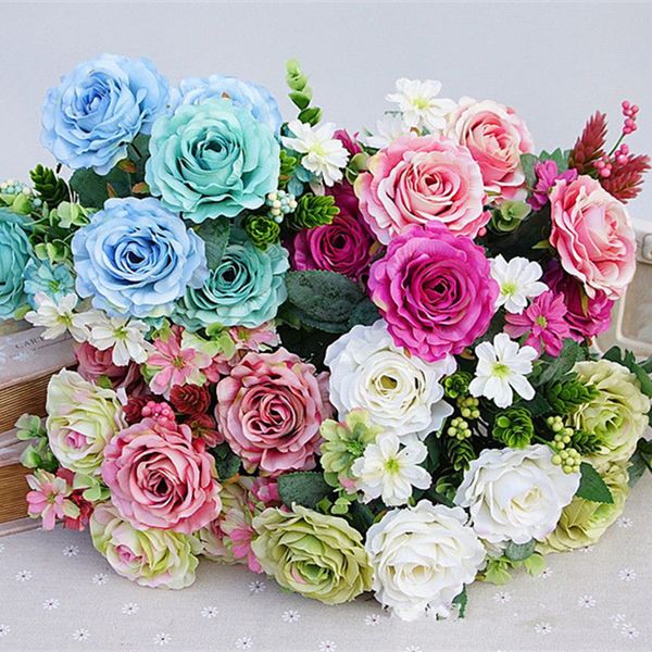 2019 11heads Artificial Flocked Hair Pine Rose Flowers Bouquet Silk Fleurs Artificielles Fake Flores For Home Wedding Decoration From Blithenice