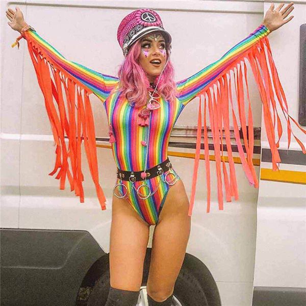 

colorful rainbow stripes bodysuits women o neck long sleeve jumpsuits with orange long tassels rave festival clothing clubwear, Black;white