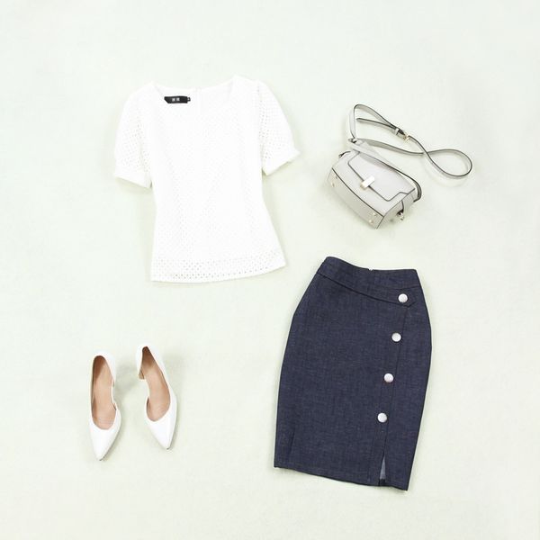 

set female 2019 summer new lace openwork shirt denim skirt two-piece temperament solid color wild fashion women's clothes, White