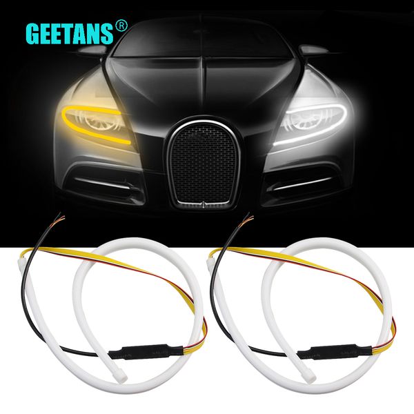 

geetans led 60cm drl flexible turn signal light daytime running light white turn yellow flowing for car soft tube guide strip be